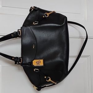 Ralph Lauren Black Equestrian Leather Zip Tote Purse Gold Zip
